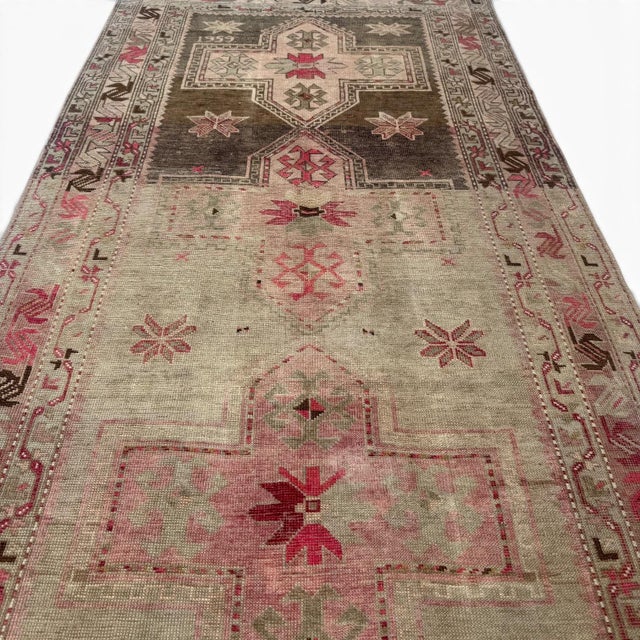 Tribal Antique Karabagh Runner 4x8 – Faded Medallions in Beige & Muted Red For Sale - Image 3 of 4