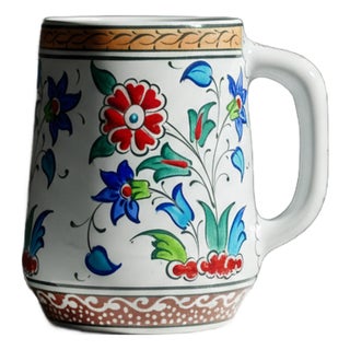 Handmade Ceramic Floral Tankard – Hand-Painted Red & Blue Tulips – Decorative Cup & Desk Organizer For Sale