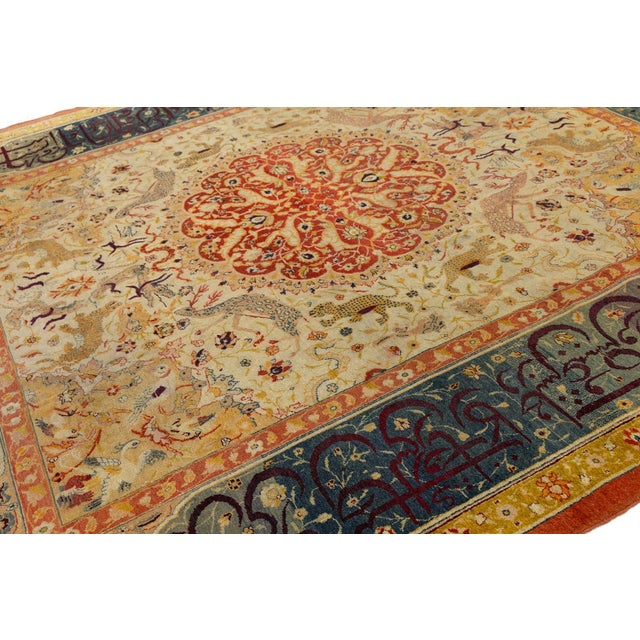 19th Century Antique Indian Agra Hunting Rug With Persian Calligraphy Border For Sale - Image 10 of 11