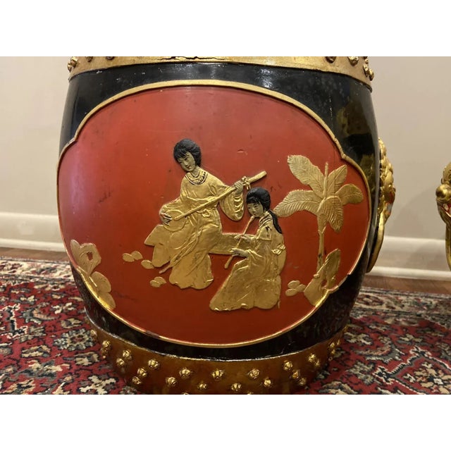 Antique Japanese Painted Wooden Rice Barrels Garden Stools—A Pair For Sale - Image 4 of 12