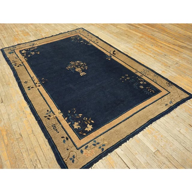 1920s Blue Navy Vase Floral Antique Chinese Peking Carpet 6 X 8'7" Handknotted Wool Rug For Sale - Image 4 of 8