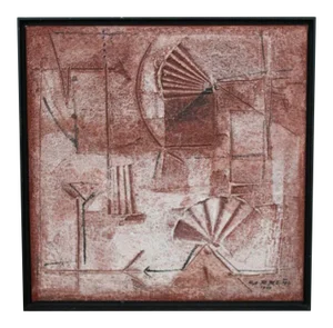 1970s "Earth 1" Brutalist Style Abstract Mixed-Media Painting, Framed