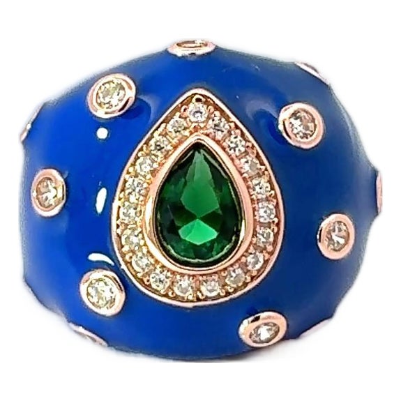 Blue Enamel Sterling Silver Ring With Green Teardrop Cubic Zirconia- Size 7 For Sale