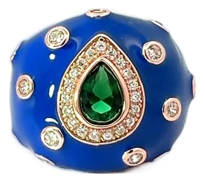 Blue Enamel Sterling Silver Ring With Green Teardrop Cubic Zirconia- Size 7