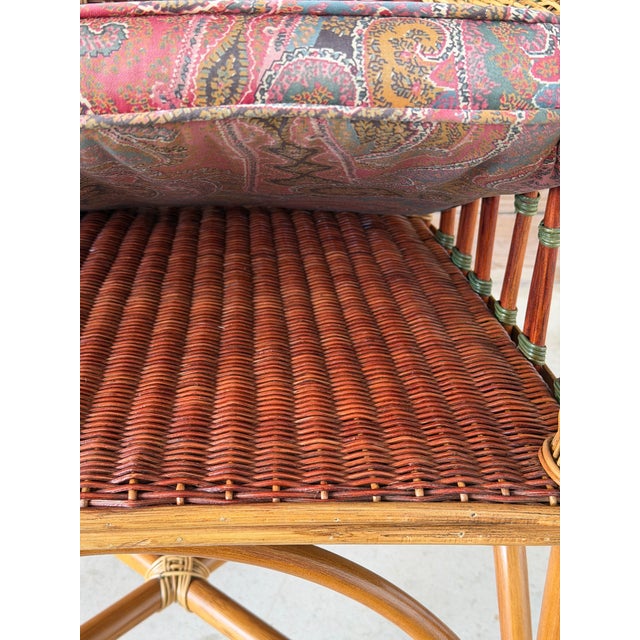 Vintage French Wicker & Rattan Armchair With Paisley Cushion For Sale - Image 11 of 12