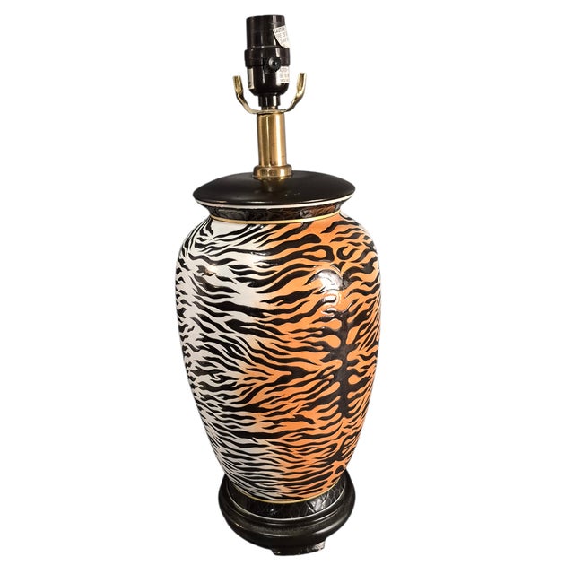Black Hollywood Regency Decorative Animal Print Tiger Ceramic Table Lamp For Sale - Image 8 of 8