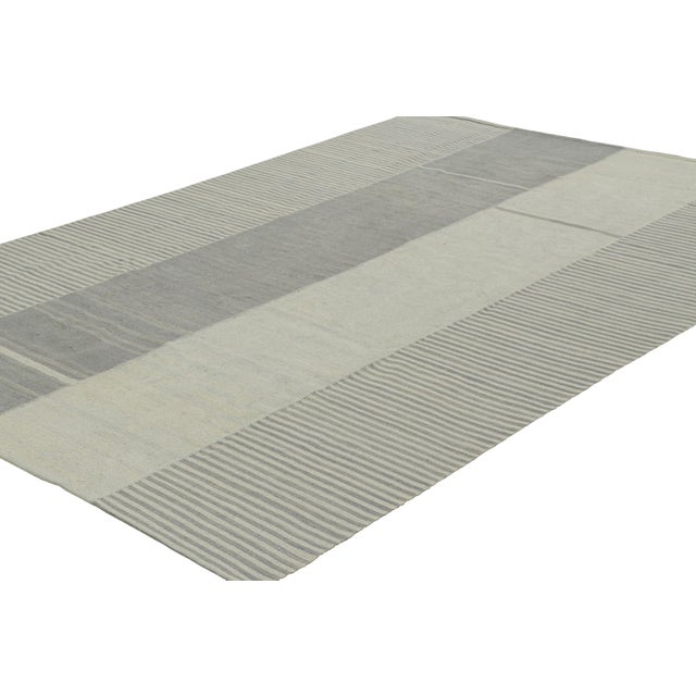 Rug & Kilim Rug & Kilim’s Contemporary Kilim With Textural Gray, Cream and Blue Stripes For Sale - Image 4 of 7