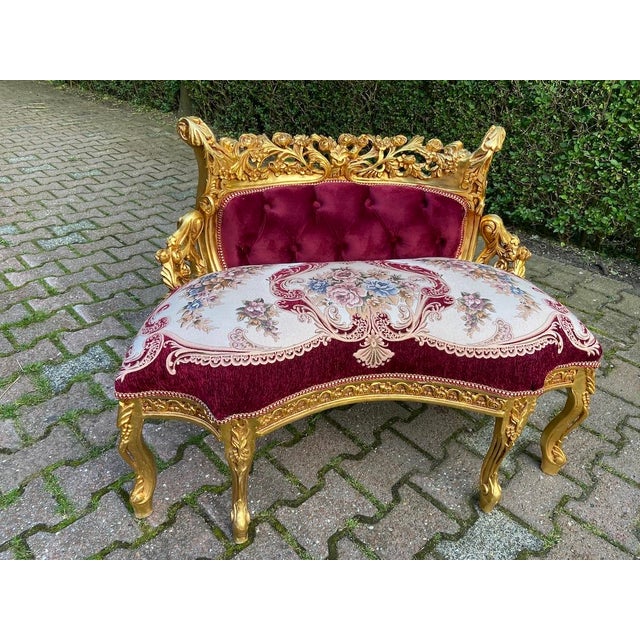 Late 20th French Louis XVI Gold Beech Red Velvet Settee For Sale - Image 13 of 14