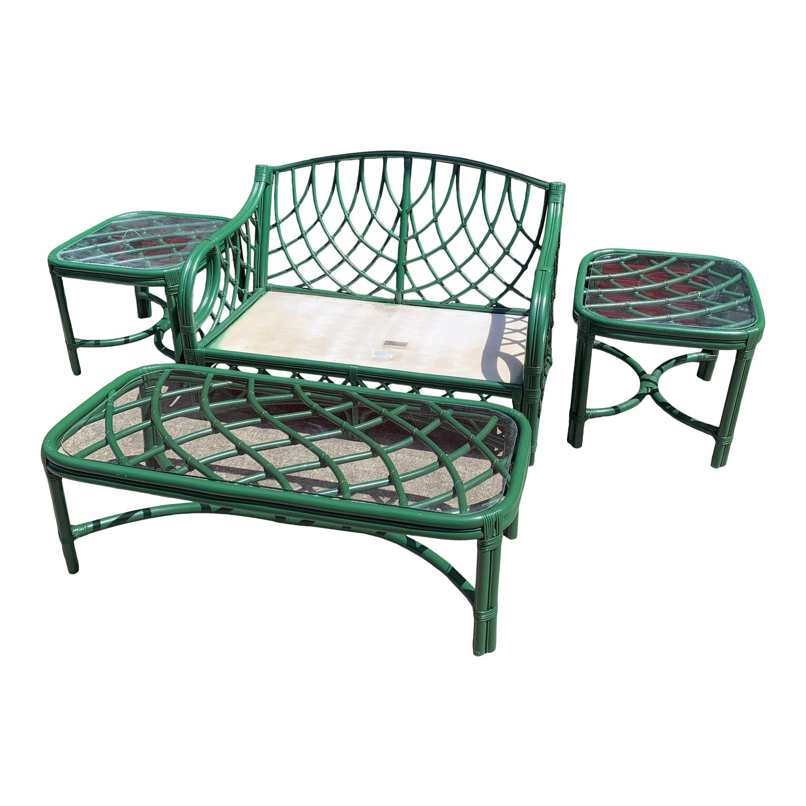 Vintage Green Painted Rattan Chinoiserie Chippendale Patio Furniture Loveseat Tables 4 Pieces Chairish