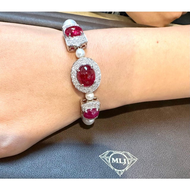 GIA Certified Burma No Heat Natural Spinel & Diamond & Pearl Bracelet, 18KWG For Sale - Image 14 of 18