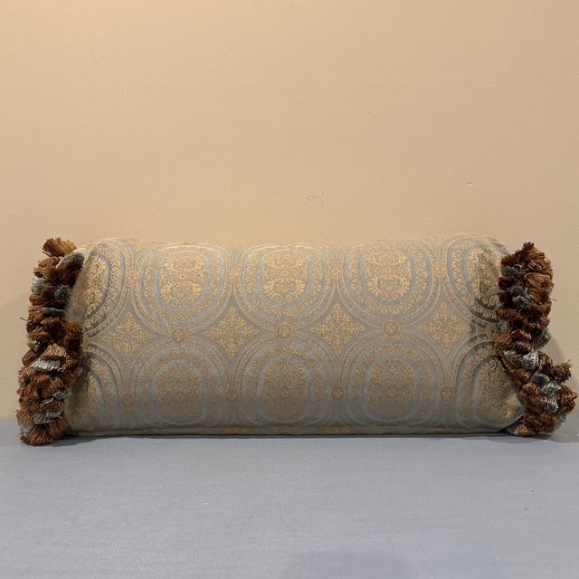 Late 20th Century Mint and Gold Embroidered Bolster Pillow With Tassels For Sale - Image 9 of 9