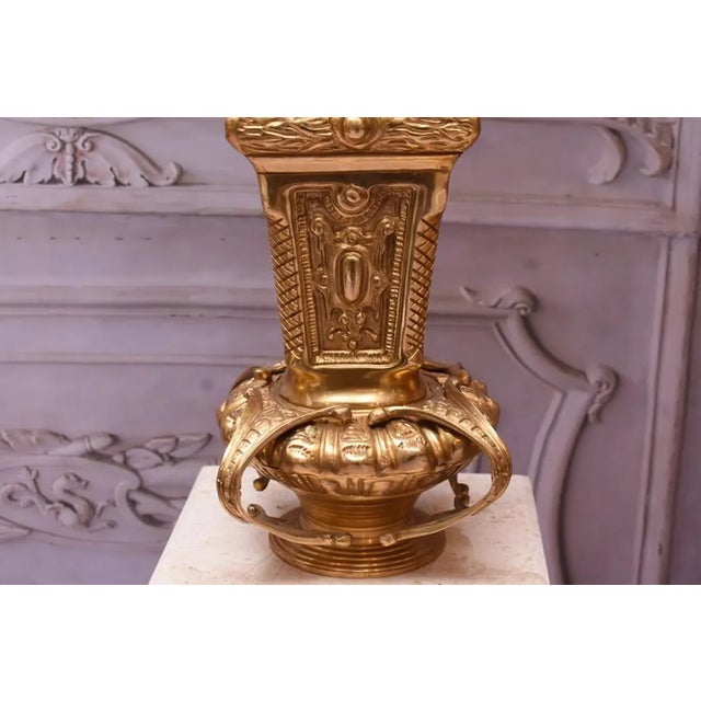 Pair of Large Neoclassical Beige Marble and Ormolu Bronze Urn Amphorae With Matching Pedestals For Sale - Image 11 of 16