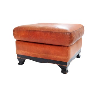 Aged Brown Leather Ottoman For Sale