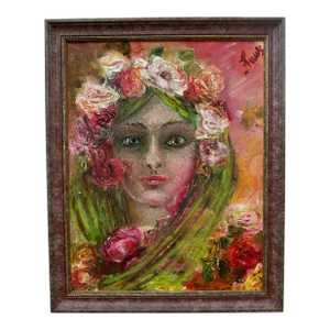 Original Oil on Board Expressionistic Girl With Roses, Signed