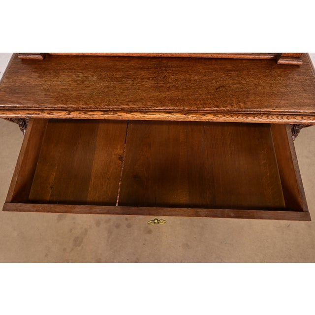 Antique French Renaissance Revival Carved Oak Breakfront Bookcase or Bar Cabinet With Stained Leaded Glass Doors, Circa 1890s For Sale - Image 10 of 14