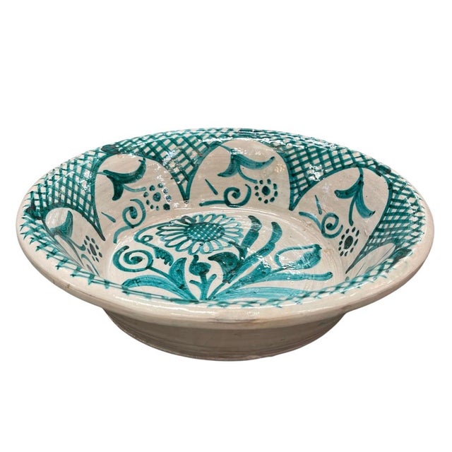 Mediterranean Vintage Moroccan Hand-Painted Green & White Ceramic Lebrillo Bowl For Sale - Image 3 of 12