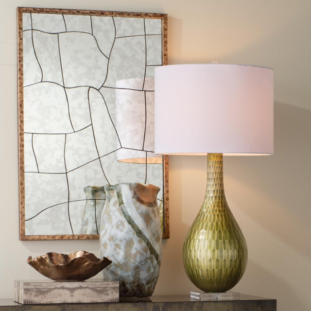 Serpentine Table Lamp, Chartreuse Etched Glass The deliciously serpentine base of this supremely chic table lamp consists...