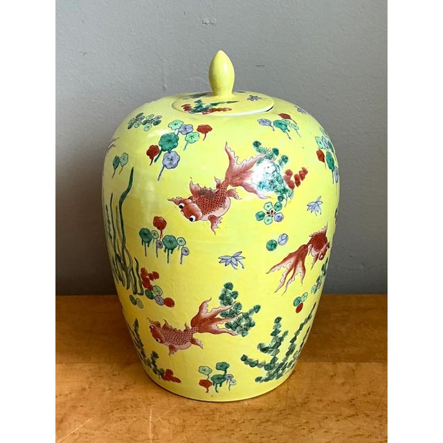 Yellow Vintage Yellow Ceramic Fish Motif Jar For Sale - Image 8 of 12
