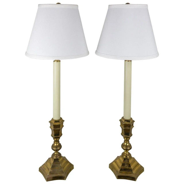 Pair of French 1940s Brass Reading Lamps With Stepped Hexagonal Bases For Sale In New York - Image 6 of 6