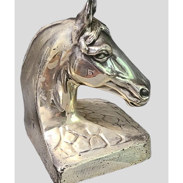 Late 20th Century Vintage Decorative Equestrian Horse Head Silvered Metal Bookends Marked Pmc88- Set of 2 For Sale - Image 5 of 10