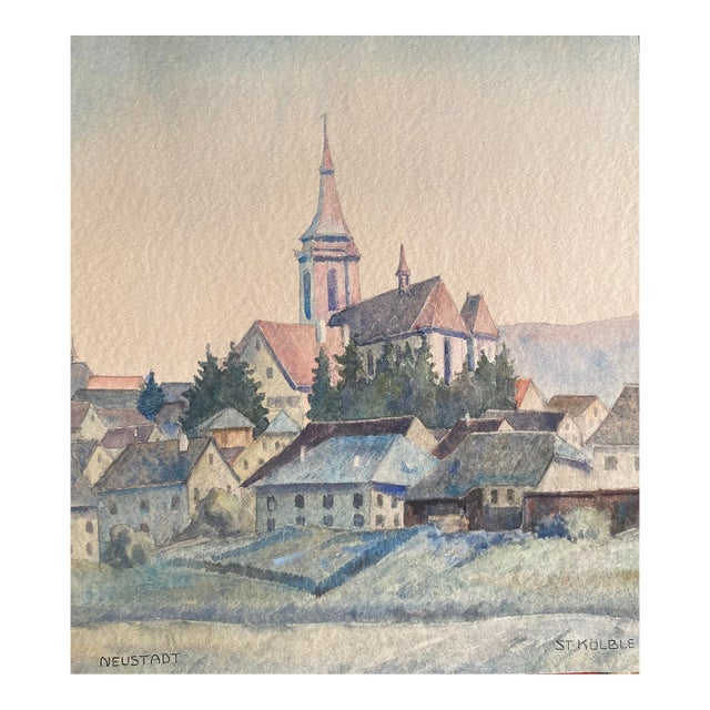 1940s Watercolor of Church in Neustadt Germany For Sale