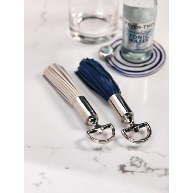 Contemporary Royal White Leather Tassel Nickel Bottle Openers, Set of 2 For Sale - Image 3 of 4