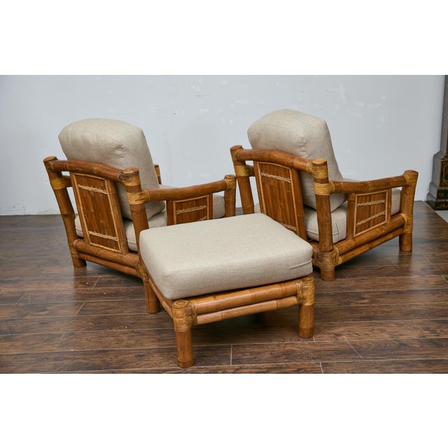 Midcentury Bamboo Lounge Chairs with Ottoman, Rattan Accents, and Linen Fabric For Sale - Image 4 of 12