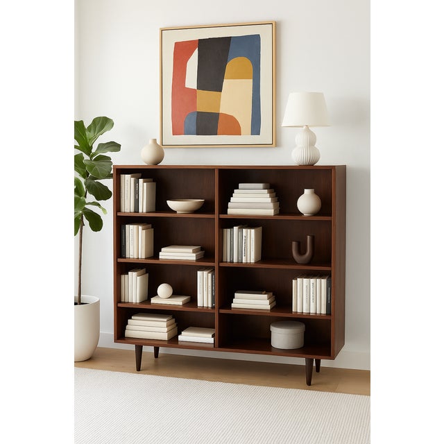 Exquisite Mid Century Modern ROSEWOOD bookcase featuring 8 wide and spacious shelving areas, stunning wood grains...