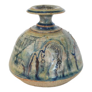 Vintage Studio Pottery Blue & Beige Bud Vase For Sale