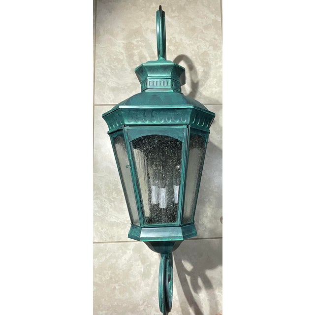 Monumental Coach Style Brass & Bronze Wall Lantern With Verdigris Finish . For Sale - Image 9 of 15
