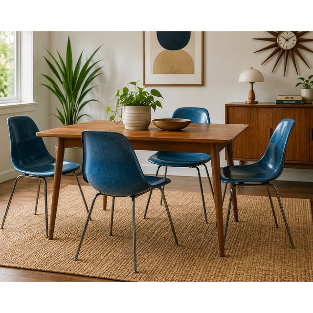 An attractive set of four vintage molded fiberglass shell dining chairs in their original blue finish. The shells display...