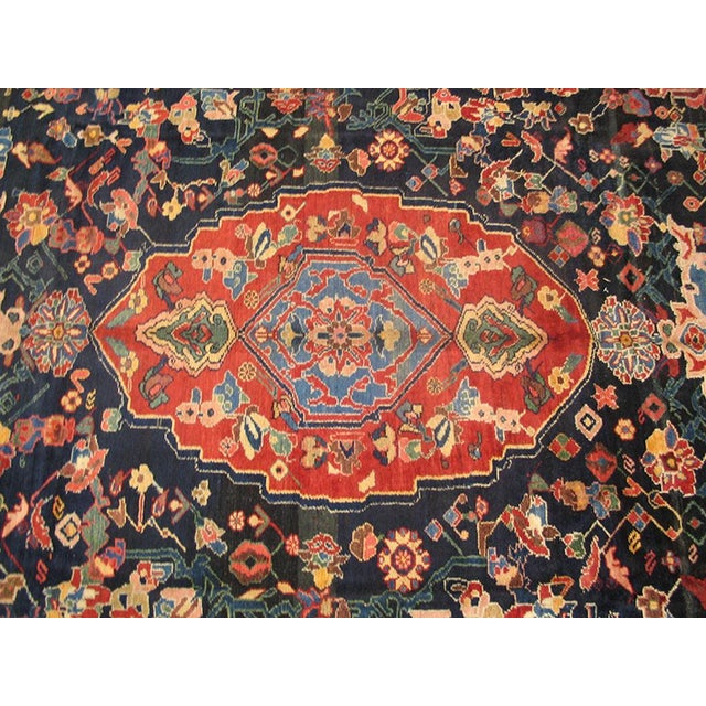 Persian 1930s Blue Navy Floral-Medallion Antique Persian Bakhtiari Rug Hand Knotted 7'0" X 11'6 Wool Carpet For Sale - Image 3 of 7
