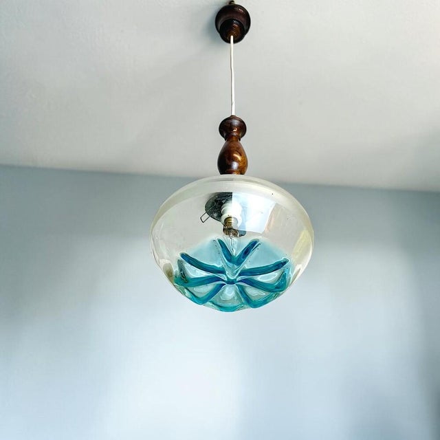 1960s Mid-Century Modern Agua Blue Art Glass Pendant Light in Teak, 1960s For Sale - Image 5 of 11