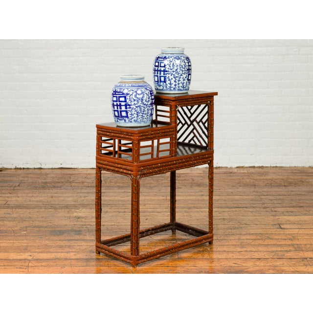 Vintage Lacquered Chinese Tiered Bamboo Lamp Table with Geometric Motifs For Sale In New York - Image 6 of 13
