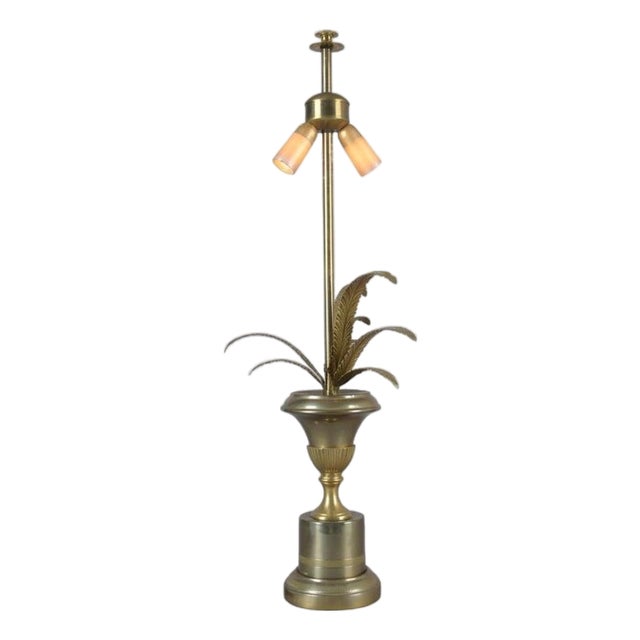 Hollywood Regency Brass Palm Leaf Double Socket Table Lamp, Europe, 1960s For Sale