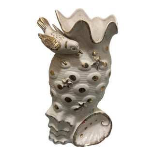 Vintage White Porcelain Perched Bird Cornucopia Vase Gilded Gold Dots & Ocean Accents For Sale