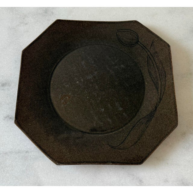 Set of 3 Vintage Handmade Stoneware Octagonal Plate For Sale - Image 4 of 8