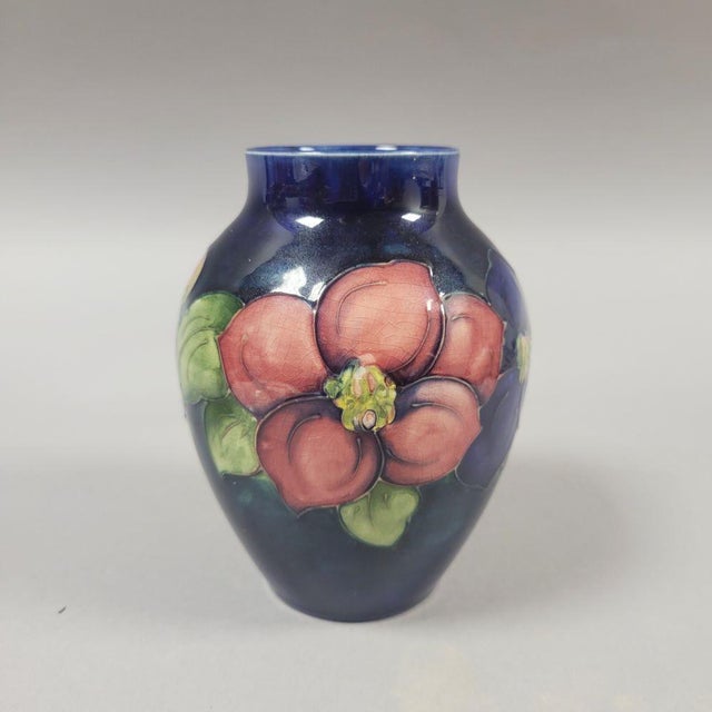 Ceramic Vintage Walter Moorcroft Clematis Cobalt Blue Tubelined Art Pottery Vase, England For Sale - Image 7 of 8