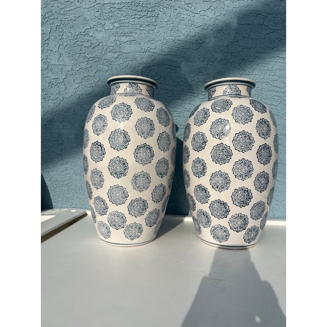 Pair of Tall Vases With Blue Floral Medalions-2 For Sale - Image 4 of 6