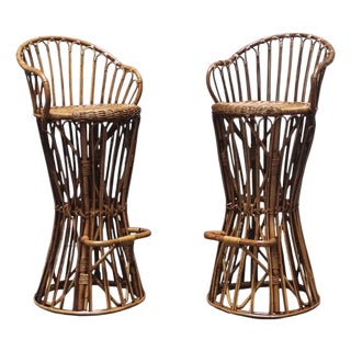 Hourglass-Shaped Woven Wicker Stools in the style of Tito Agnoli, Italy, 1960s, Set of 2 For Sale