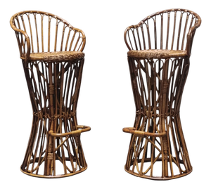 Hourglass-Shaped Woven Wicker Stools in the style of Tito Agnoli, Italy, 1960s, Set of 2