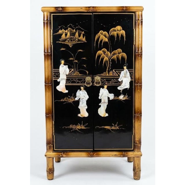 Late 20th Century Vintage Black Lacquer & Faux Bamboo Chinoiserie Narrow Accent Cabinet With Mother-of-Pearl Inlay For Sale - Image 5 of 10