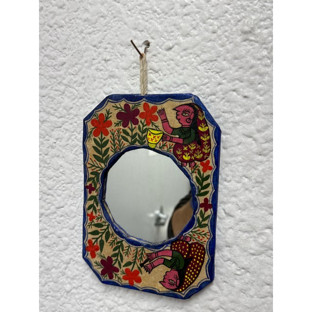 Mithila Folk Hand-Painted Art Wall Small Mirror For Sale In San Francisco - Image 6 of 12