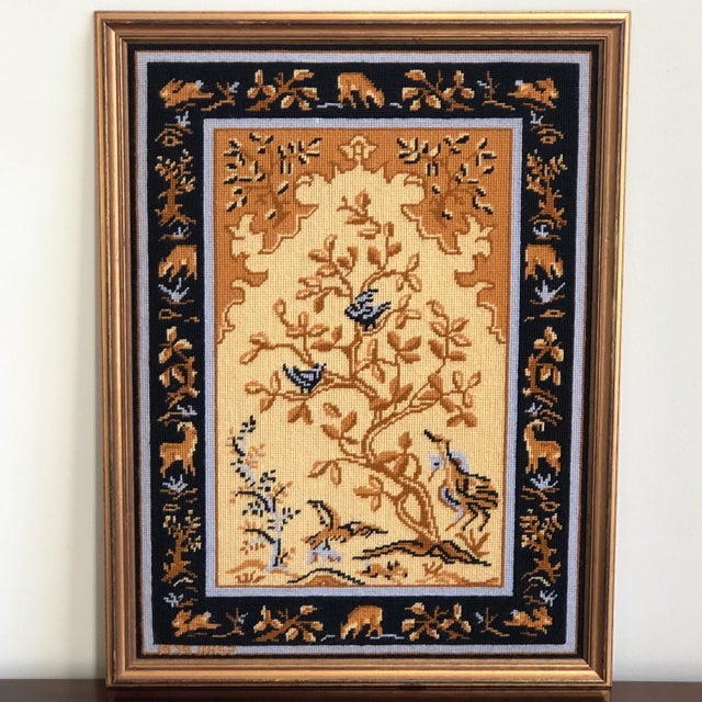 1979 Vintage Persian Tapestry Needlepoint — Framed For Sale - Image 9 of 9