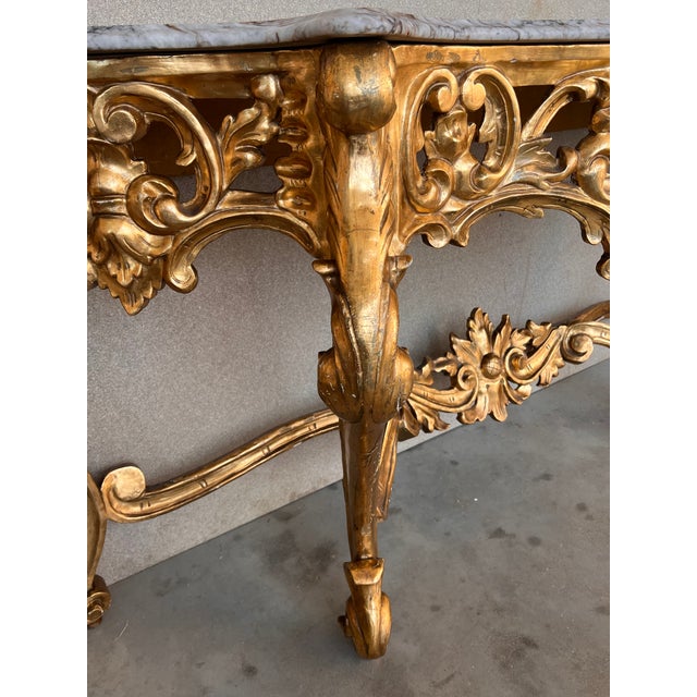 Spanish 19th Baroque Carved & Gilted Walnut Ormolu and Marble Console Table For Sale - Image 10 of 13