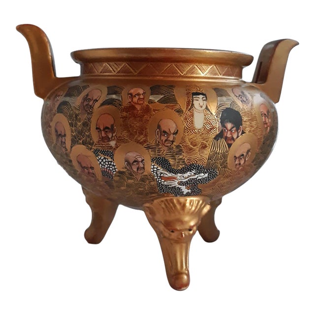 Vintage Japanese Satsuma "Thousand Faces" Porcelain Tripod Koro Incense Burner For Sale