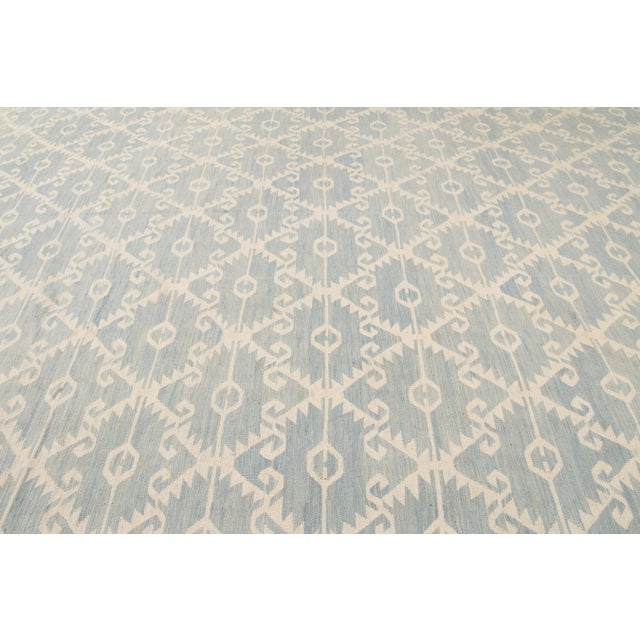 Tribal Oversize Modern Kilim Flatweave Wool Rug With Tribal Motif in Light Blue For Sale - Image 3 of 6