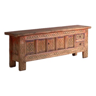 Low Antique Polychrome Carved Fir Cabinet, Xinjiang, China, 1900 For Sale