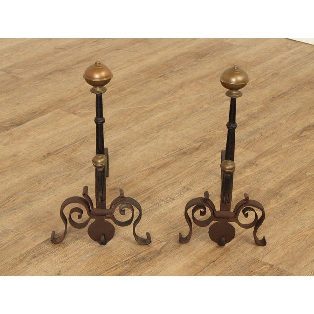 Rustic European Antique Pair of Forged Iron and Brass Fireplace Andirons For Sale - Image 3 of 12