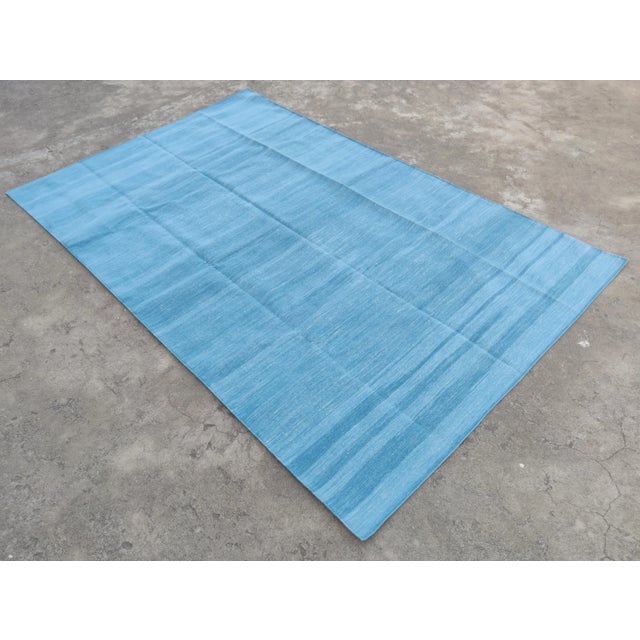 Textile Handmade Cotton Vegetable Dyed Reversible Solid Sky Blue Rug Dhurrie - 6'x9' For Sale - Image 7 of 11